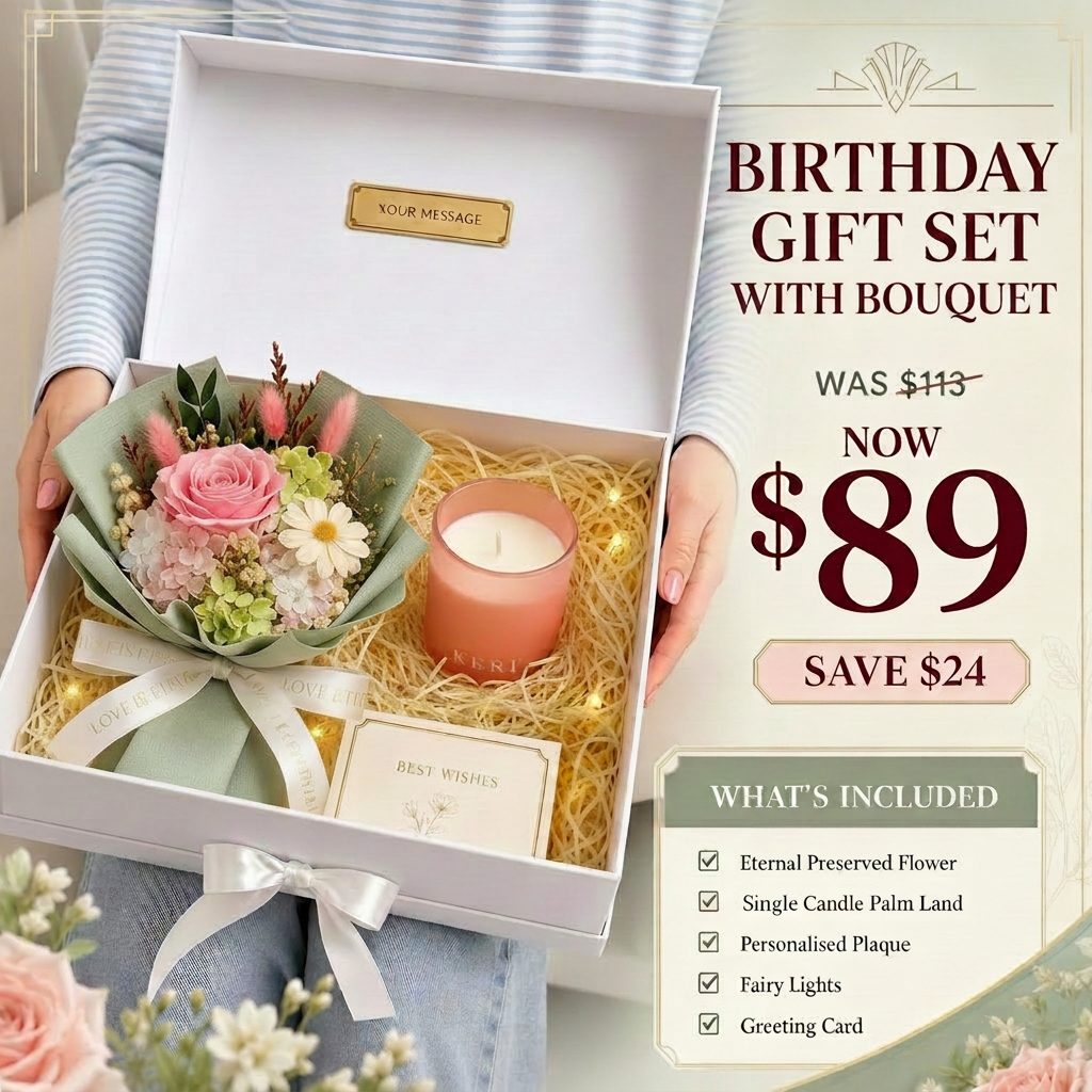 A gift set presented in an open white box held by a person, featuring a bouquet of pink and white flowers, a lit candle, fairy lights, and a greeting card. Promotional text on the right reads 'BIRTHDAY GIFT SET WITH BOUQUET' and lists included items.