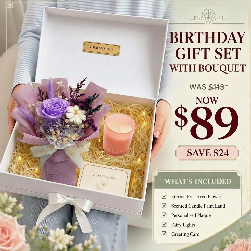 A birthday gift set being held open by a person, featuring a preserved flower bouquet wrapped in lavender paper, a pink scented candle, fairy lights, and a greeting card inside a white box. Promotional text on the right lists the set contents and price.