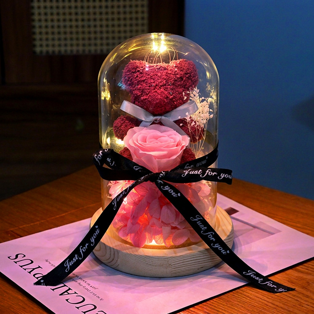 A decorative glass dome keepsake display on a wooden base, featuring a pink rose, red heart-shaped flower, pink petals, and warm string lights inside, tied with a black ribbon printed with 'Just for you'.