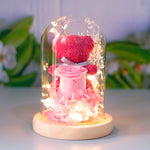 A pink rose and teddy bear preserved flower display under a clear glass dome with warm fairy lights, set on a round wooden base against a softly blurred background with green leaves.
