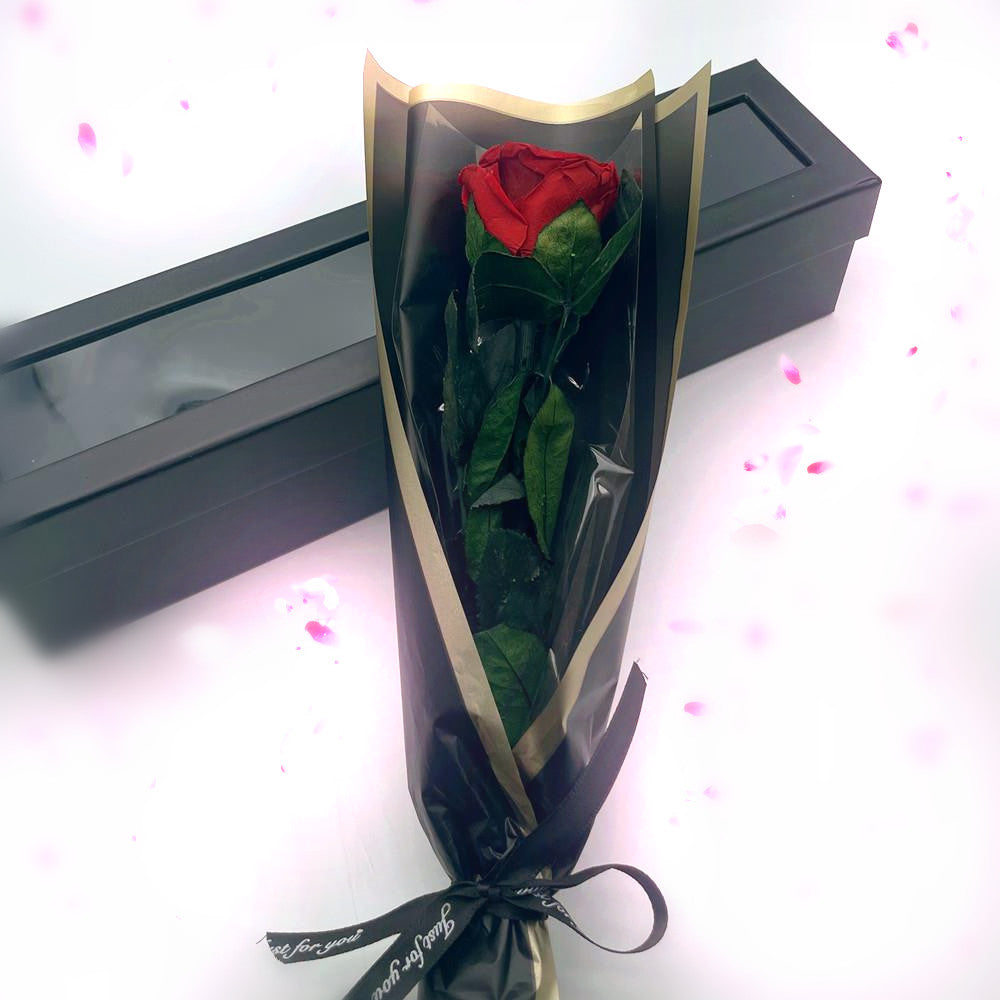 Classic eternal single rose in red, front view