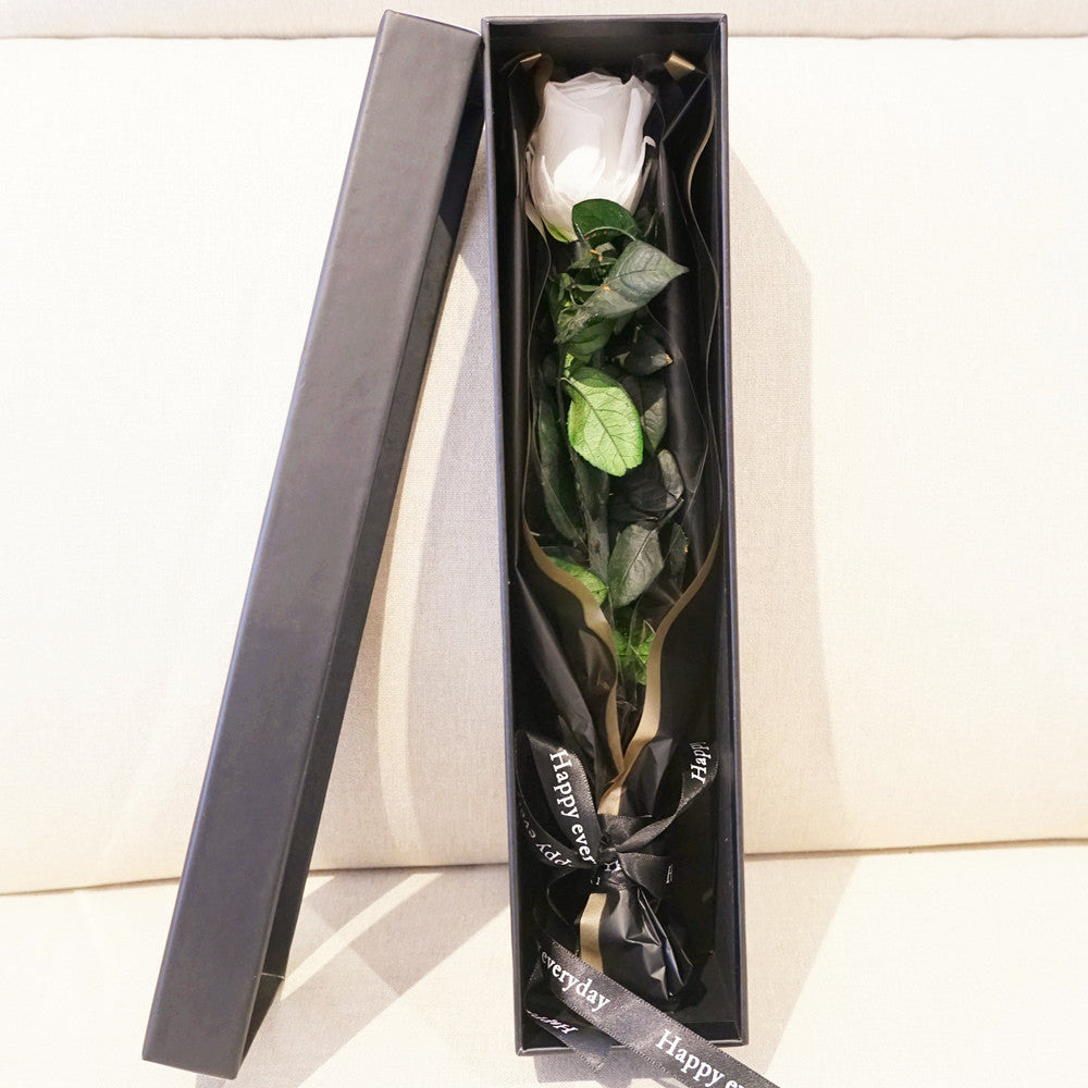 Classic eternal single rose in white, angled or detail view