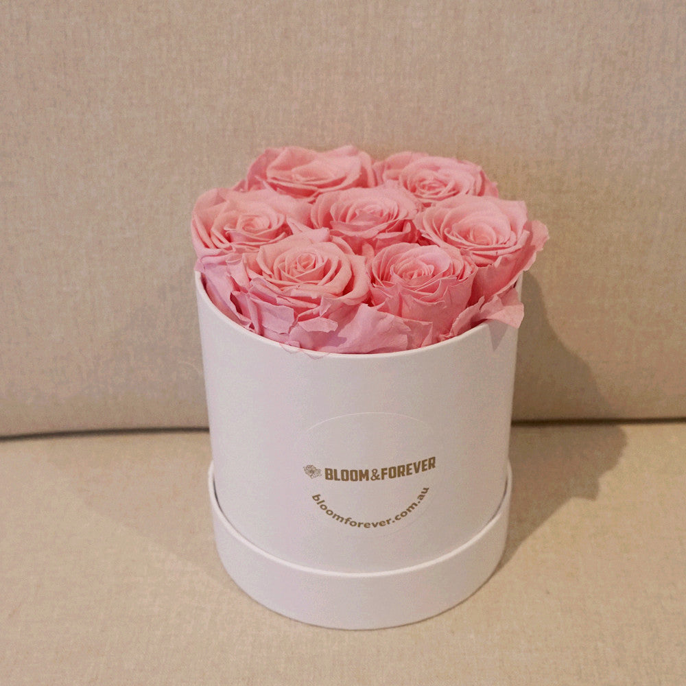 Close-up of purple classic round eternal rose gift box design