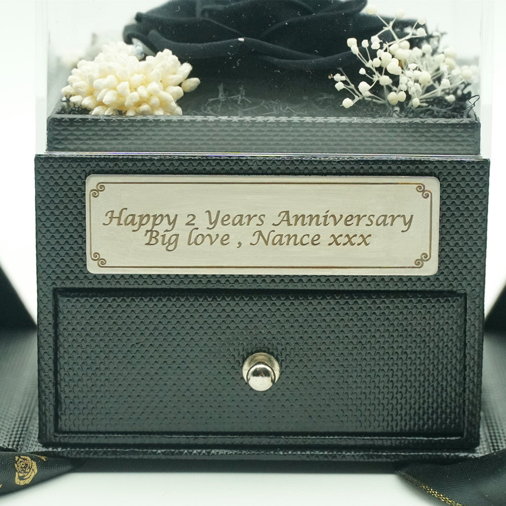 Custom message example on personalised plaque for Dual-Door Eternal Rose Jewelry Box