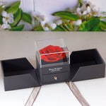 Dual-door eternal rose jewelry box in red, front view