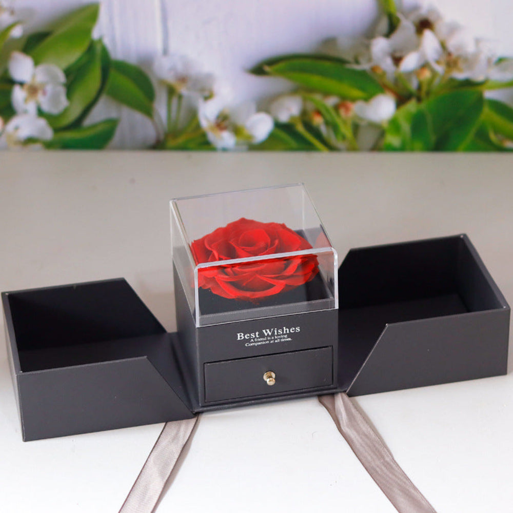 Dual-door eternal rose jewelry box in red, front view
