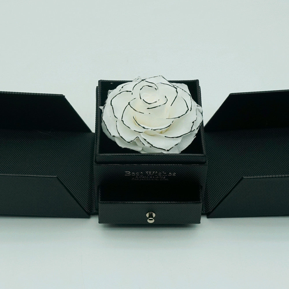 Close-up of white dual-door eternal rose jewelry box design