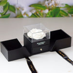 Dual-door eternal rose jewelry box in white, front view