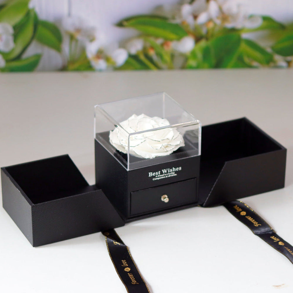 Dual-door eternal rose jewelry box in white, front view