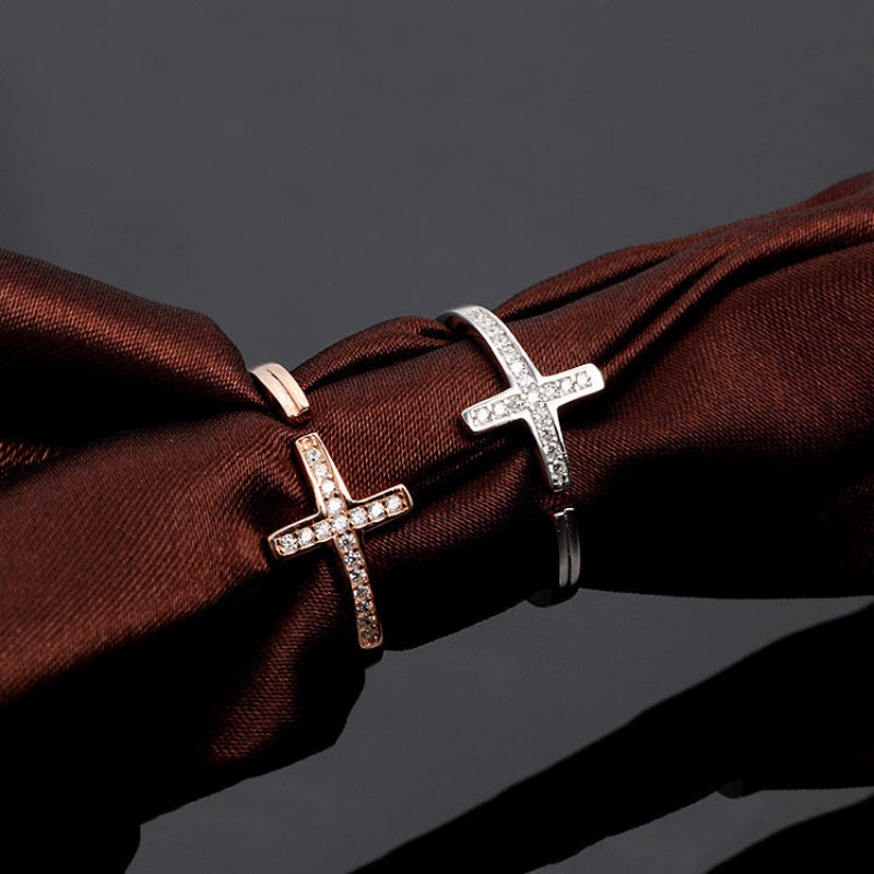 Elegant cross open silver ring in gold and silver together