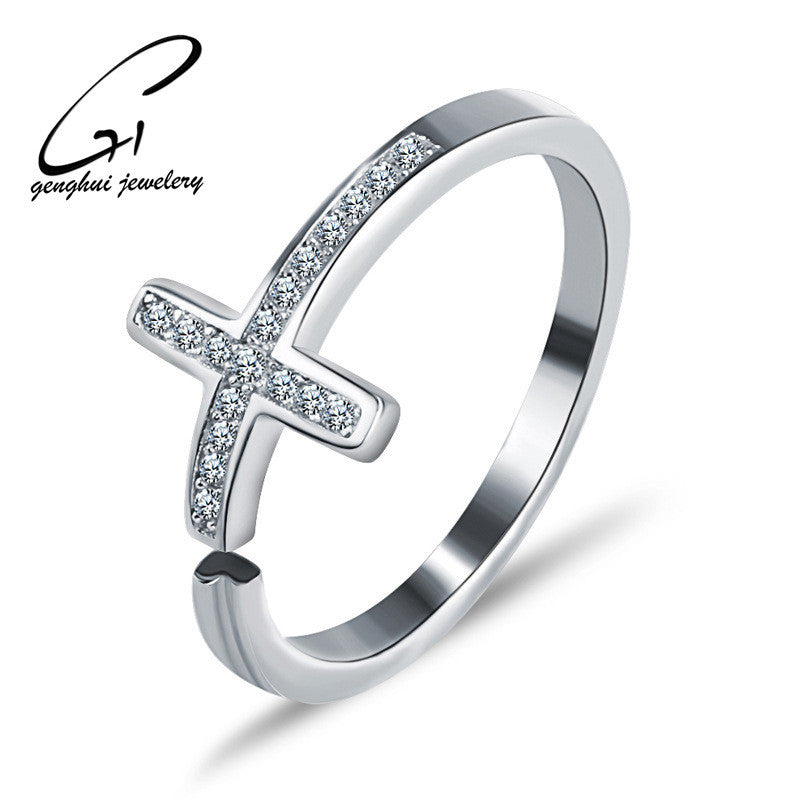 Elegant cross open silver ring in silver