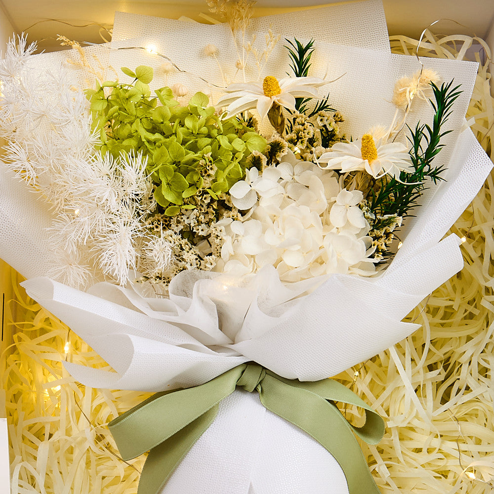 Close-up of Eternal Glow Preserved Hydrangea Gift Box interior showing a lush green and white preserved hydrangea bouquet with dried daisies, fluffy white pampas, and rosemary sprigs, wrapped in white floral paper with a sage green ribbon, nestled in cream shredded paper with warm fairy lights