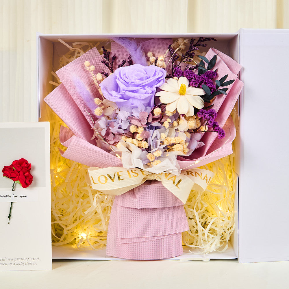Top-down view inside the Eternal Glow Preserved Flower Gift Box Small by Bloom and Forever, showing a purple preserved rose and lavender hydrangea bouquet with white daisies, purple statice, and dried fillers, wrapped in blush pink paper with Love is Eternal ribbon, nestled in cream shredded paper with warm fairy lights