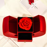 Top-down view of Bloom and Forever Eternal Rose Apple Jewelry Gift Box fully open, revealing a vibrant red preserved rose on a black velvet base with the two apple-shaped doors spread wide, with an Especially for You greeting card beside it on a white silk surface