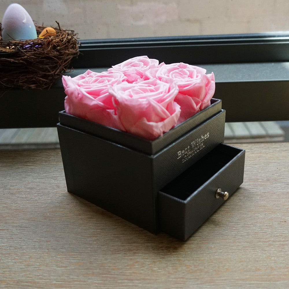 Close-up of pink eternal rose jewelry drawer box design