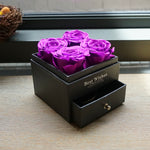 Close-up of purple eternal rose jewelry drawer box design