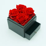 Close-up of red eternal rose jewelry drawer box design