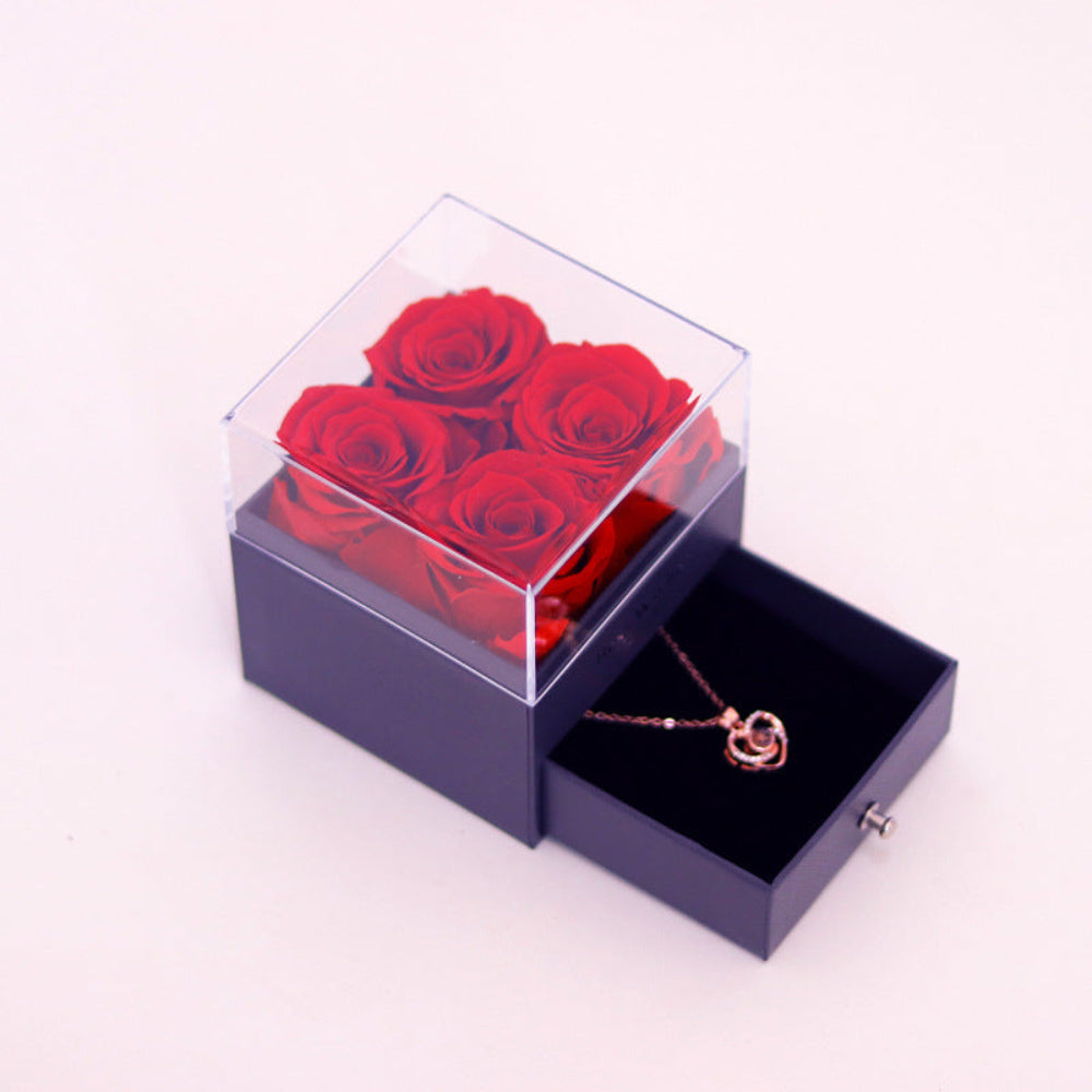 Eternal rose jewelry drawer box in red, front view