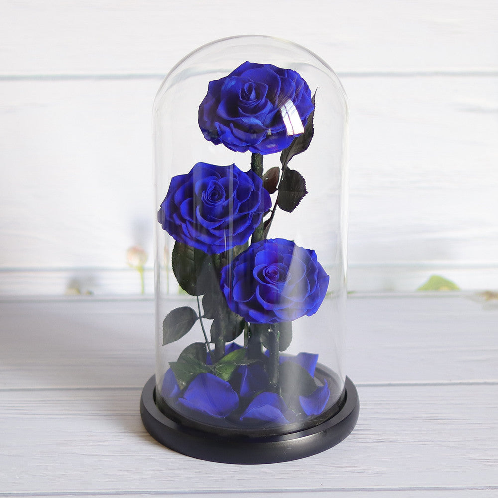 Three preserved royal blue roses with dark green leaves and stems, displayed inside a clear glass dome cloche with a black base on a white wooden surface.