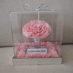 Close-up of giant eternal pink rose in acrylic box