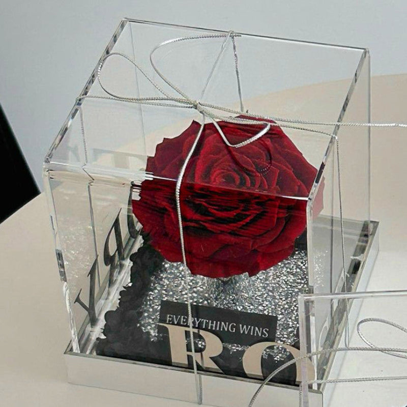 Giant eternal red rose in acrylic box, front view
