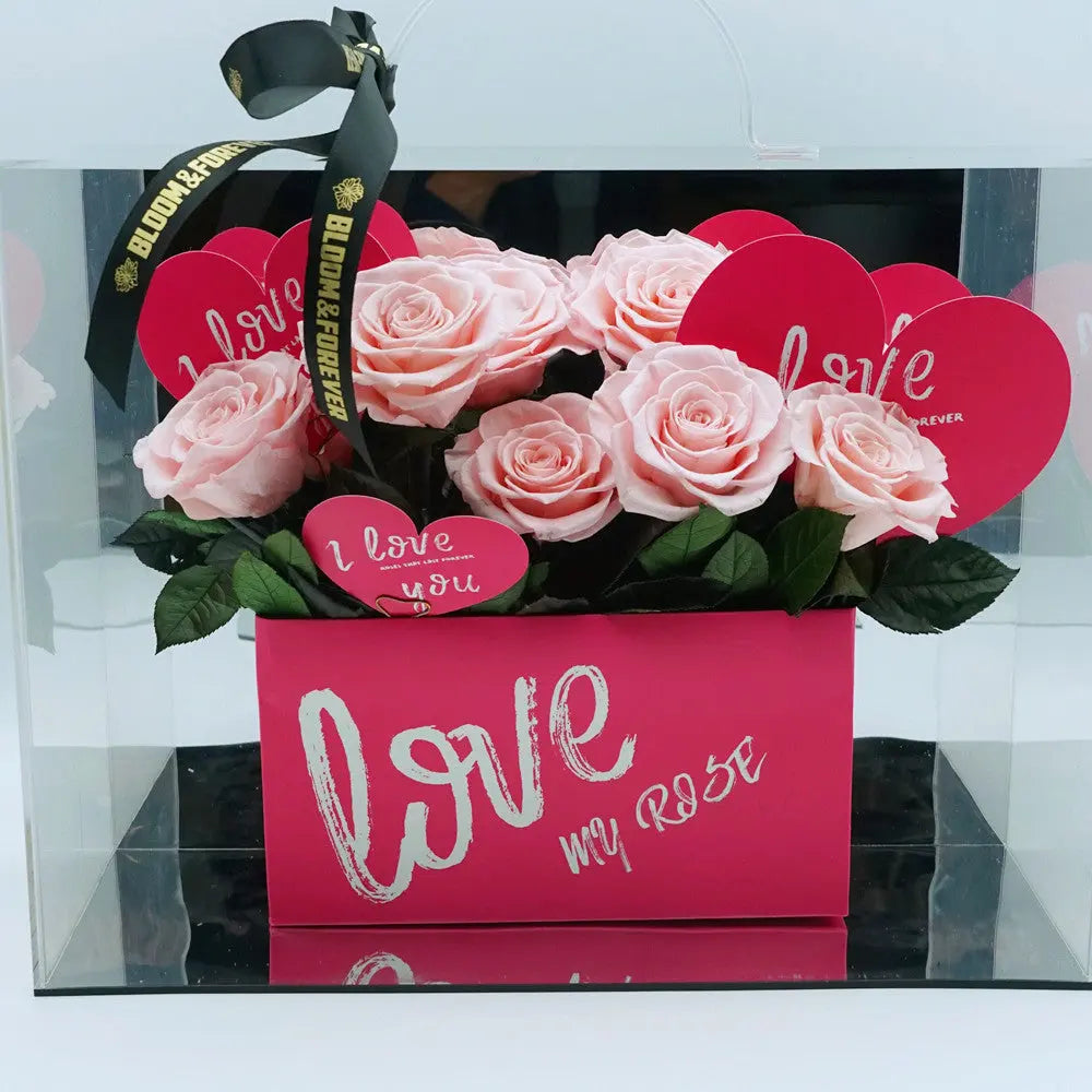 Grand eternal rose garden in acrylic box gift, front view