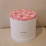 Close-up of white grand round eternal rose gift box design