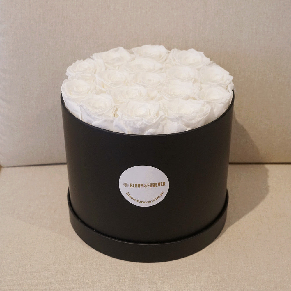 Close-up of white grand round eternal rose gift box design