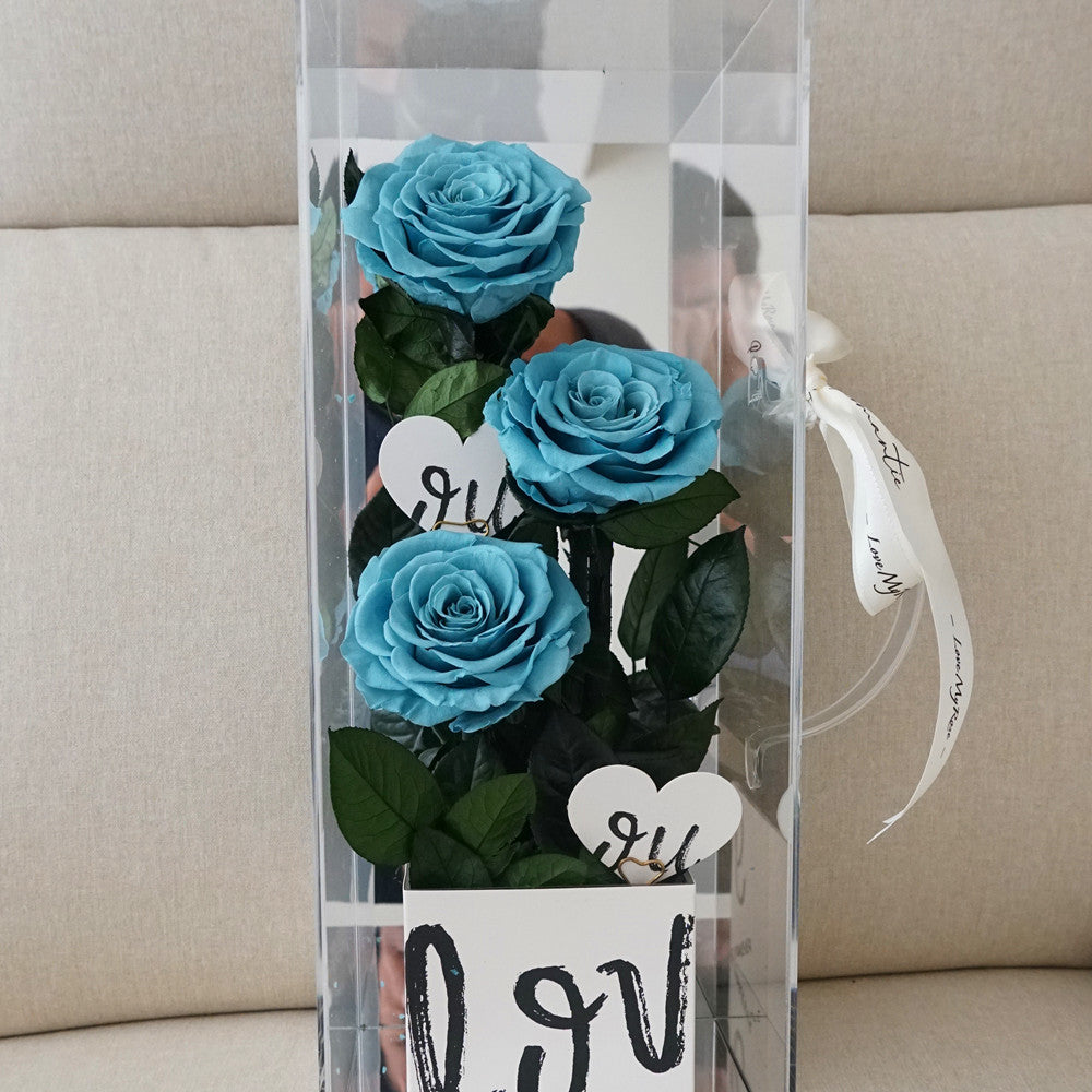 Close-up of luxury eternal blue rose in acrylic box gift