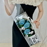 Luxury eternal blue rose in acrylic box gift, front view