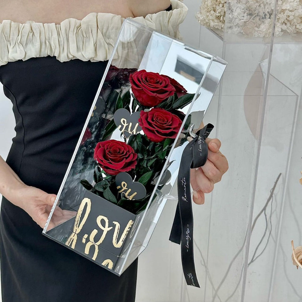 Luxury eternal red rose in acrylic box gift, front view