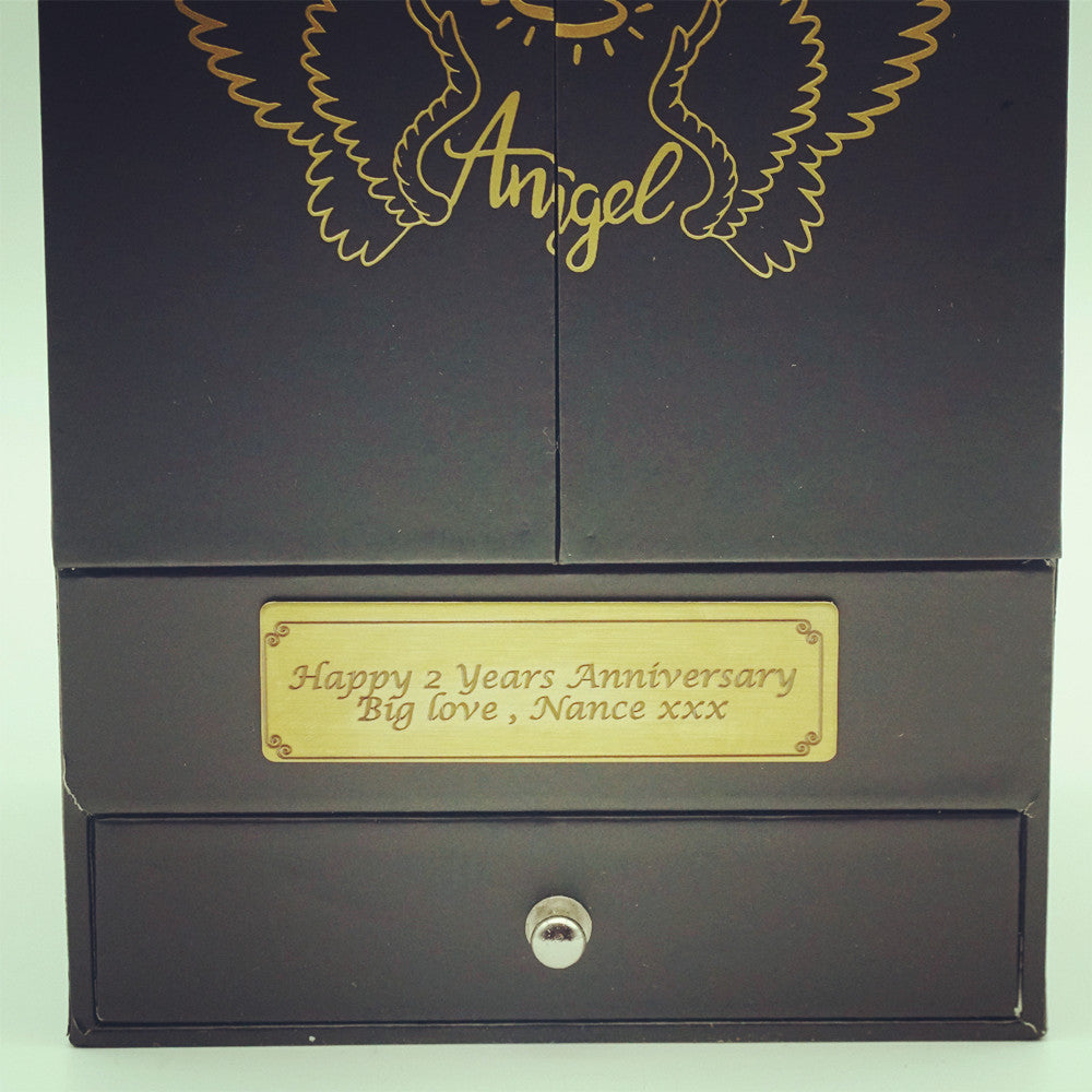 Personalised engraving plaque sample for Mini Everlasting Rose Dome – Angel’s Embrace