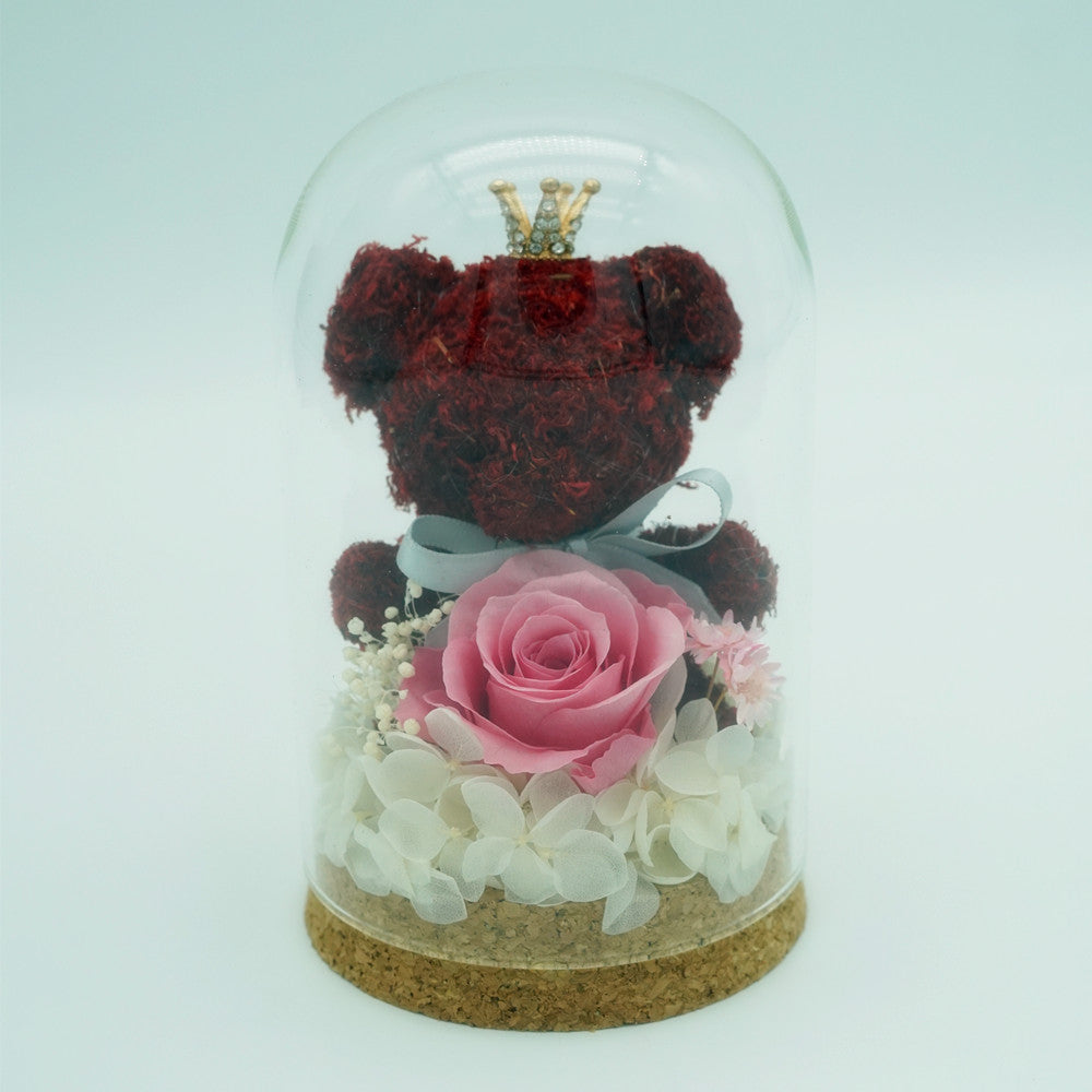 Mini everlasting pink rose dome – Crown of Love, angled or detail view