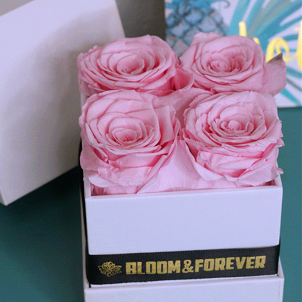 Close-up of pink mini square eternal rose gift box design