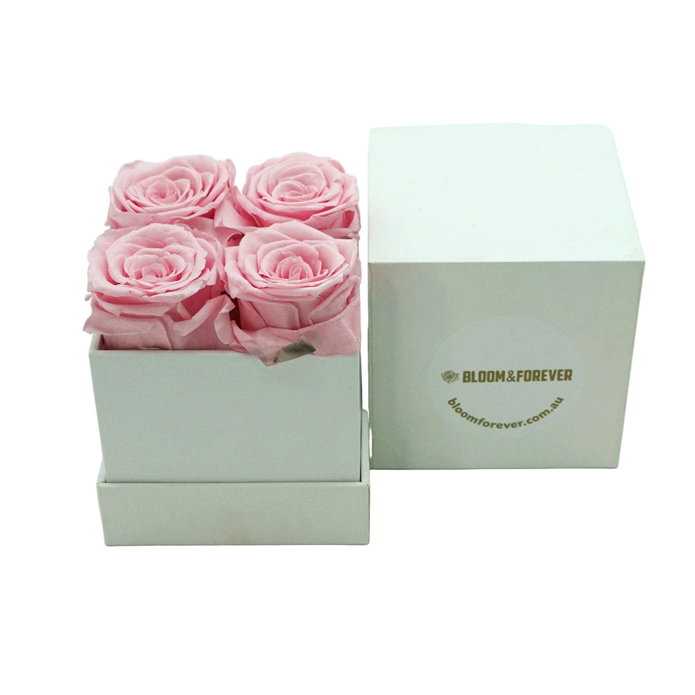 Mini square eternal rose gift box in pink with logo on lid