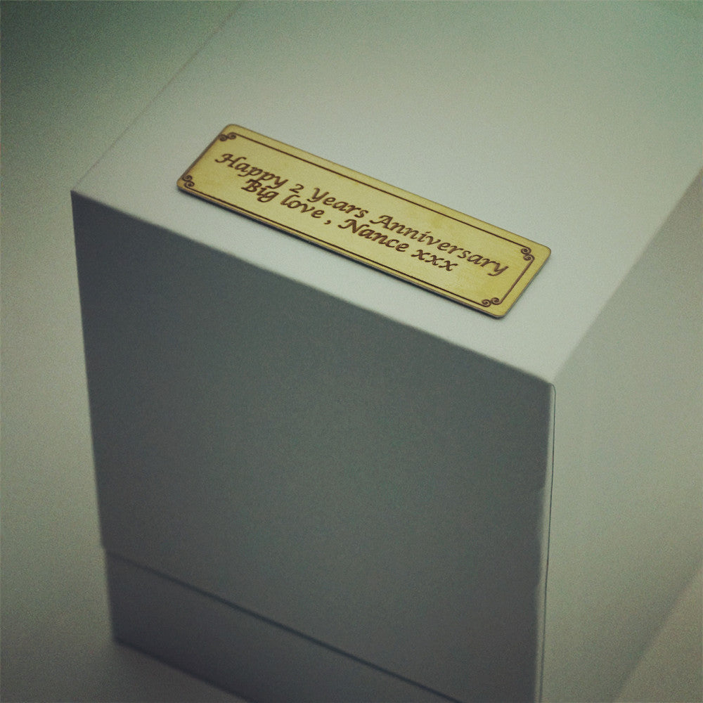 Custom message example on personalised plaque for Mini Square Eternal Rose Gift Box -Pink