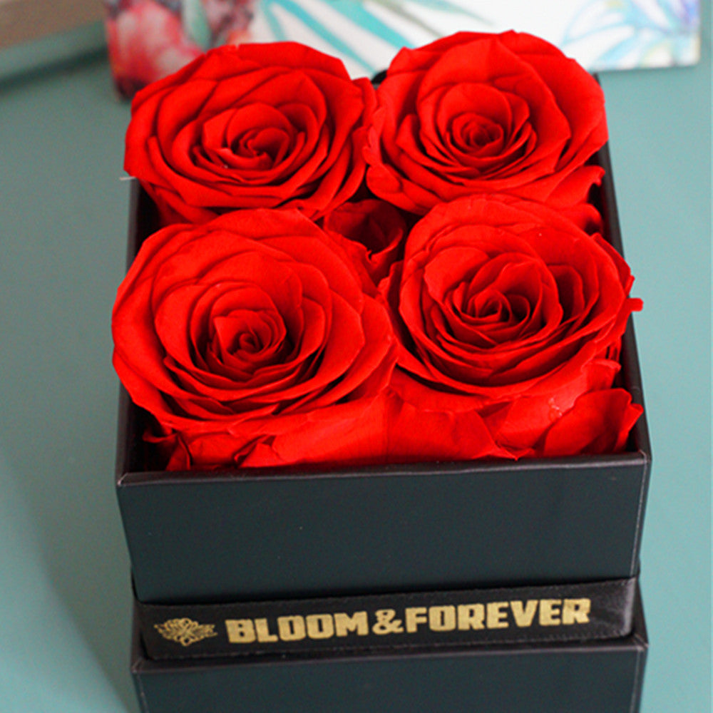 Close-up of red mini square eternal rose gift box design