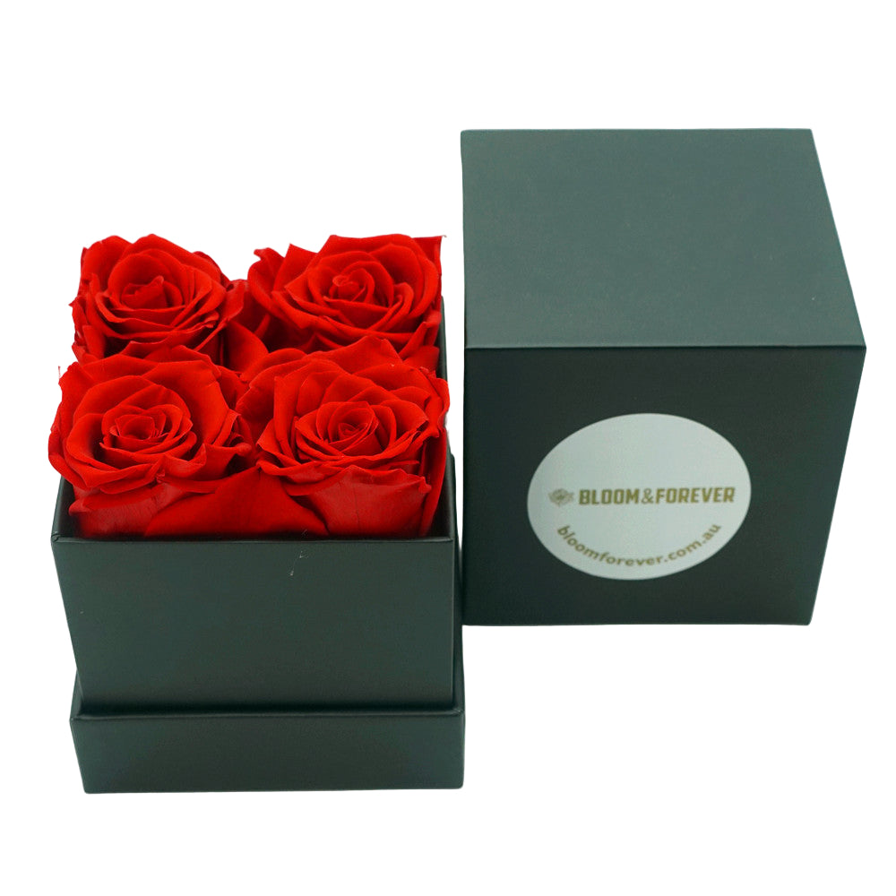Mini square eternal rose gift box in red with logo on lid