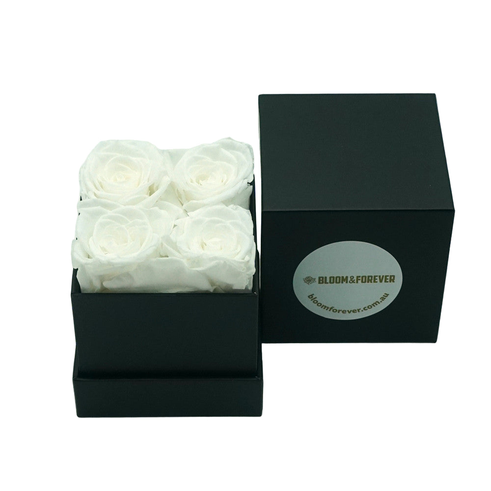 Mini square eternal rose gift box in white with logo on lid