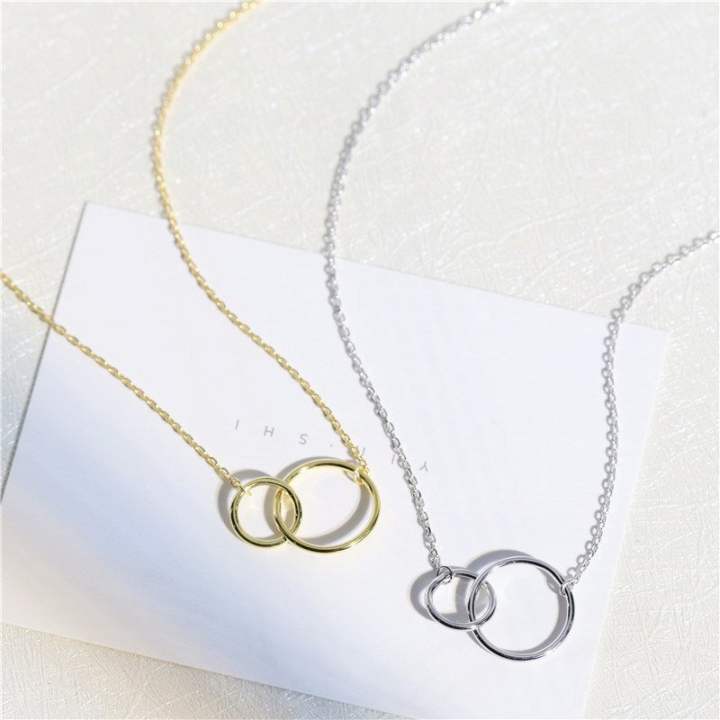 Minimalist silver double ring cross necklace in gold and silver together