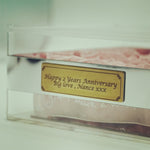 Personalised engraving plaque sample for Petite Eternal Pink Rose - Acrylic Handbag Gift Box