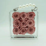 Petite eternal pink rose in acrylic handbag gift box, front view