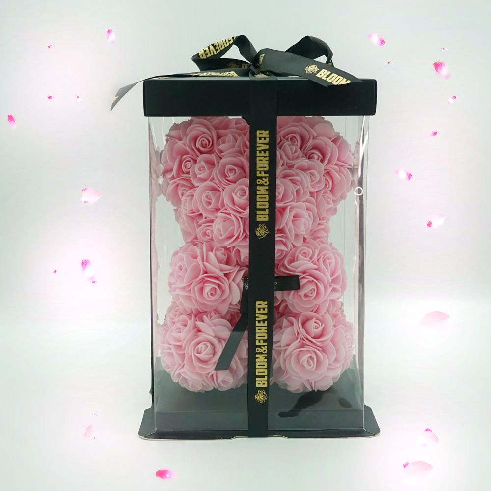 Pink rose bear, 25cm, displayed in gift box