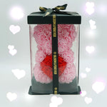 Pink rose bear with red heart, 25cm, displayed in gift box