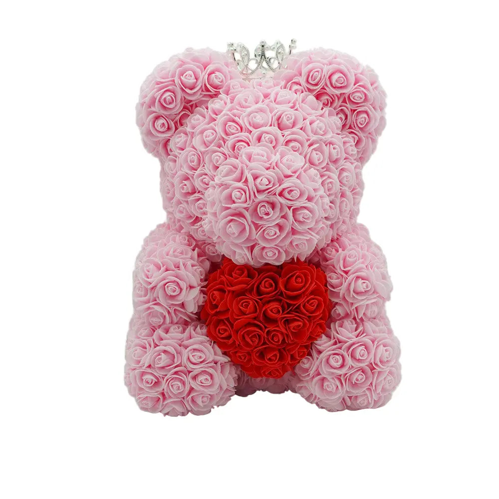 Pink rose bear with red heart, 40 cm, front view