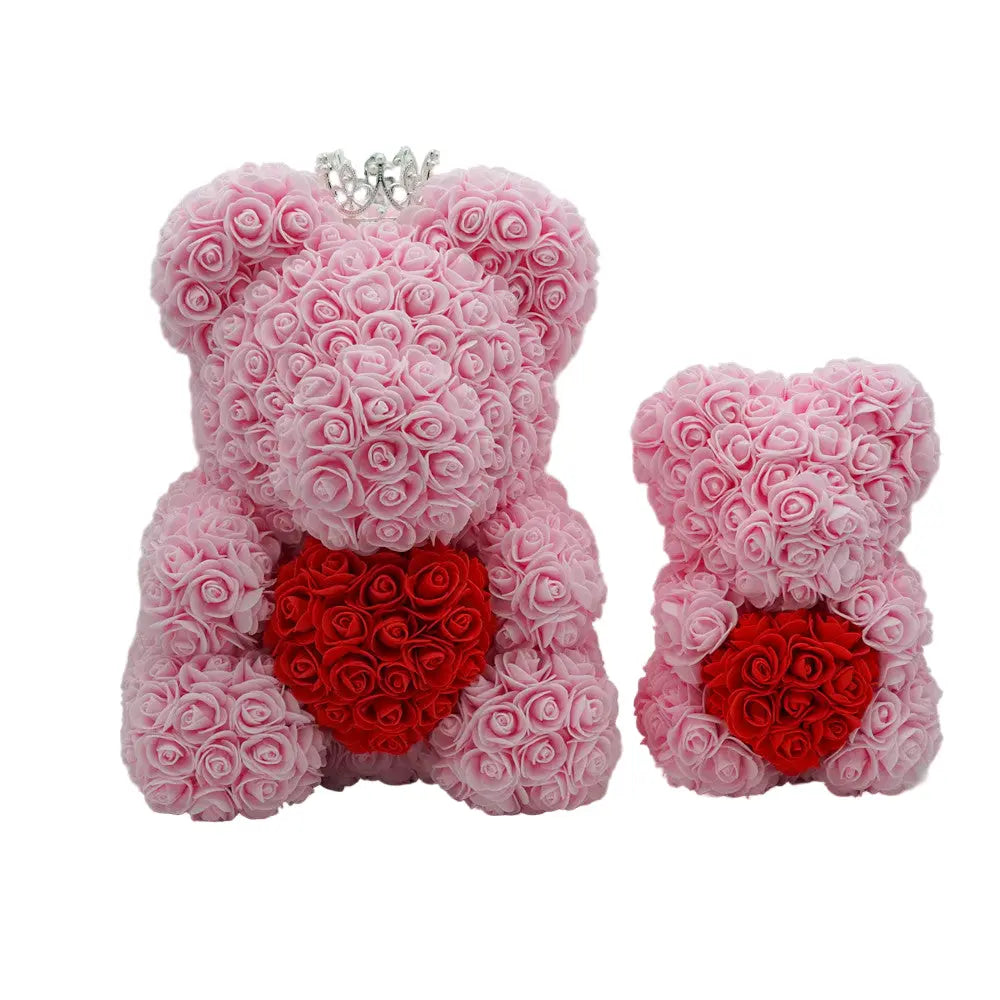 Pink rose bear with red heart, 40 cm, size comparison view