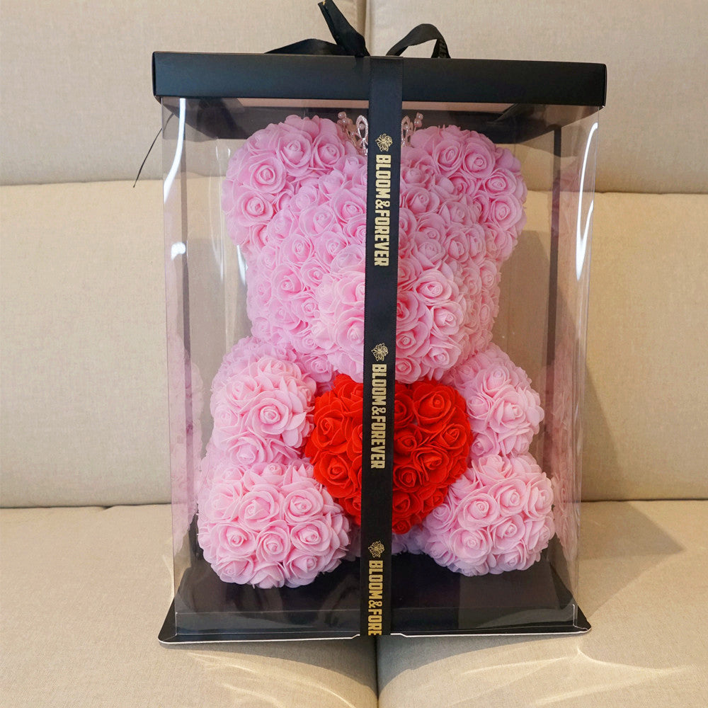 Pink rose bear with red heart, 40cm, displayed in gift box