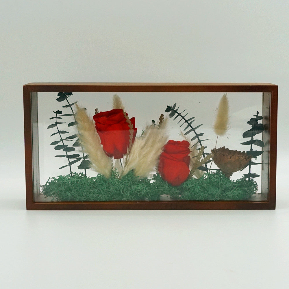 Close-up of preserved flower frame in Crimson Rose Forest design
