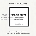A printed design template for a personalized 'Dear Mum' card, showing black text on a white background with instructions and the brand name Bloom&Forever.