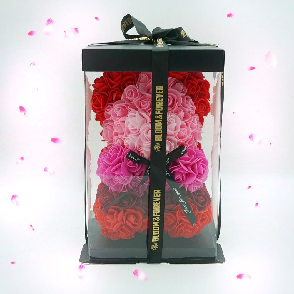 Rainbow mix rose bear, 25 cm, displayed in gift box